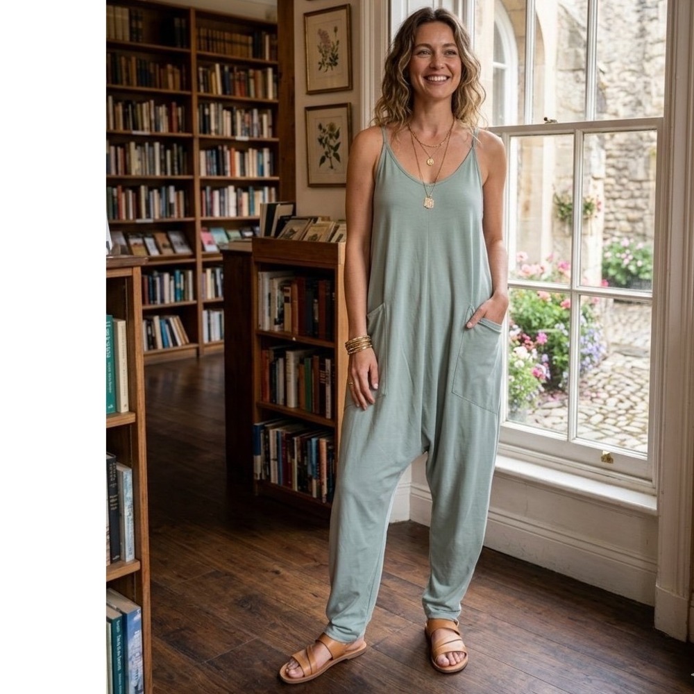 Trendy Sage Green Harem Jumpsuit Sleeveless Boho Drop Crotch Pocketed Romper M